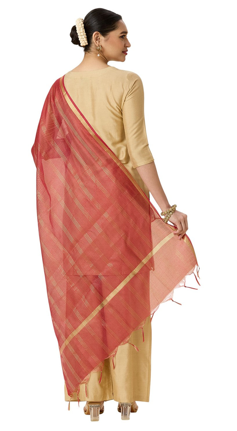 Women's Chanderi Silk Blend Handloom Dupatta with Golden Stripes (35" X 2.45 Meters) (2963 - Maroon)