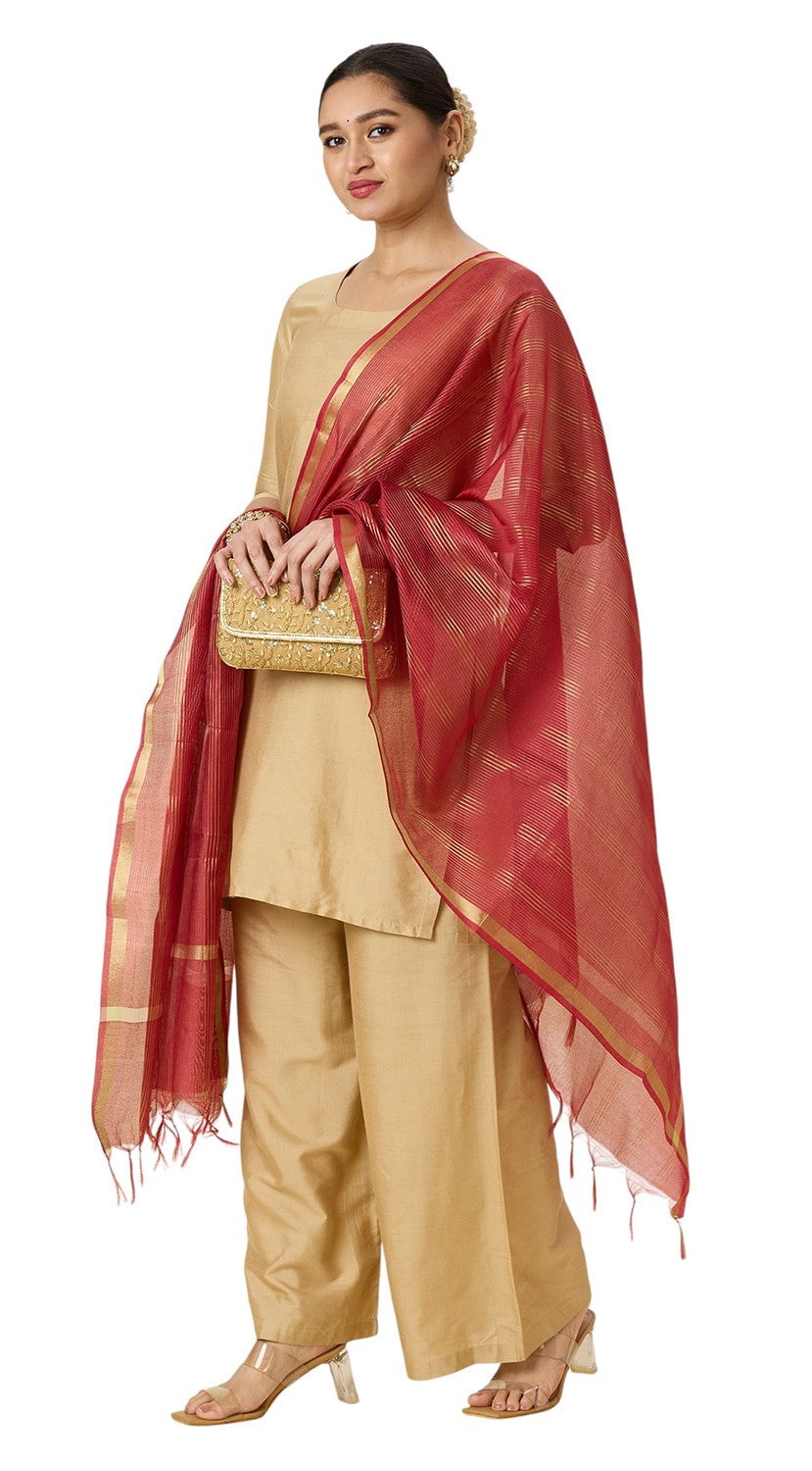 Women's Chanderi Silk Blend Handloom Dupatta with Golden Stripes (35" X 2.45 Meters) (2963 - Maroon)