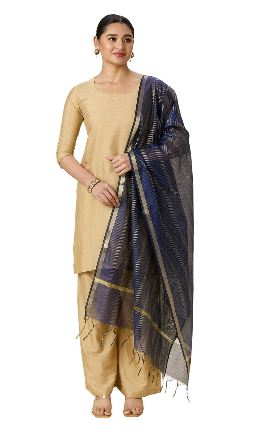 Women's Chanderi Silk Blend Handloom Dupatta with Golden Stripes (35" X 2.45 Meters) (2963 - Navy Blue)