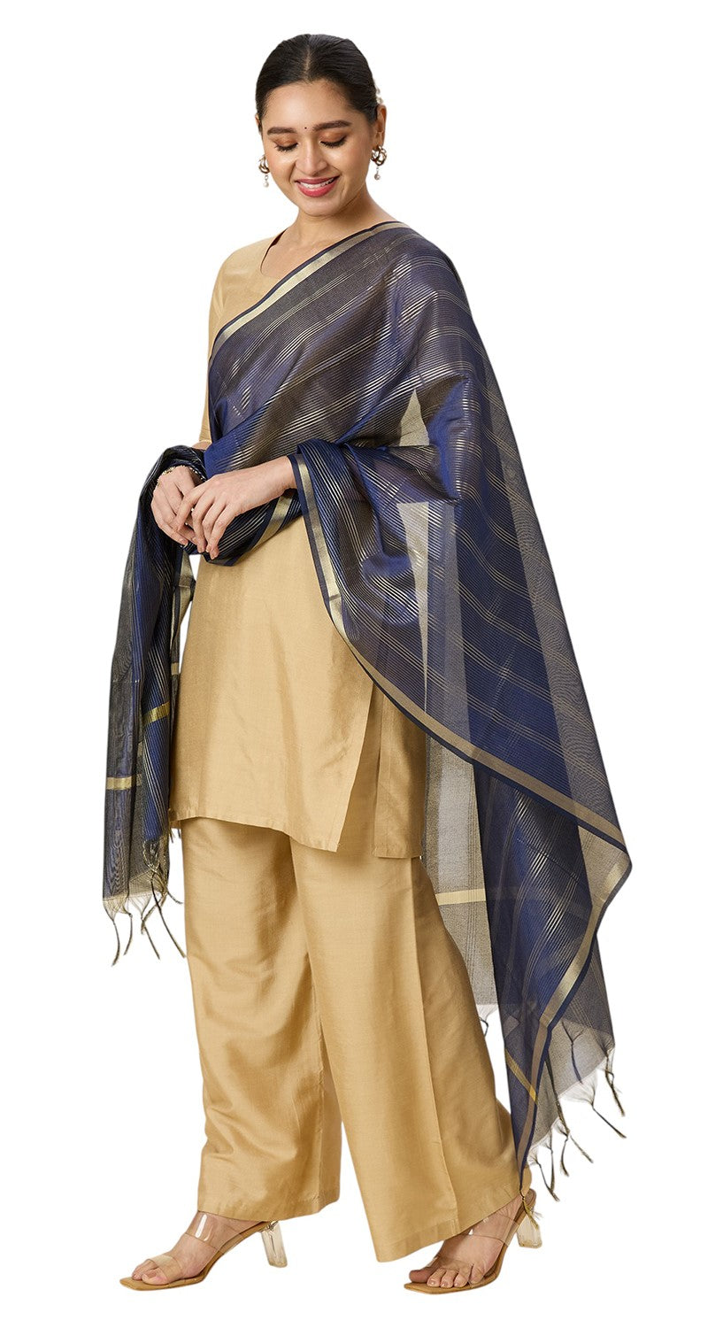 Women's Chanderi Silk Blend Handloom Dupatta with Golden Stripes (35" X 2.45 Meters) (2963 - Navy Blue)