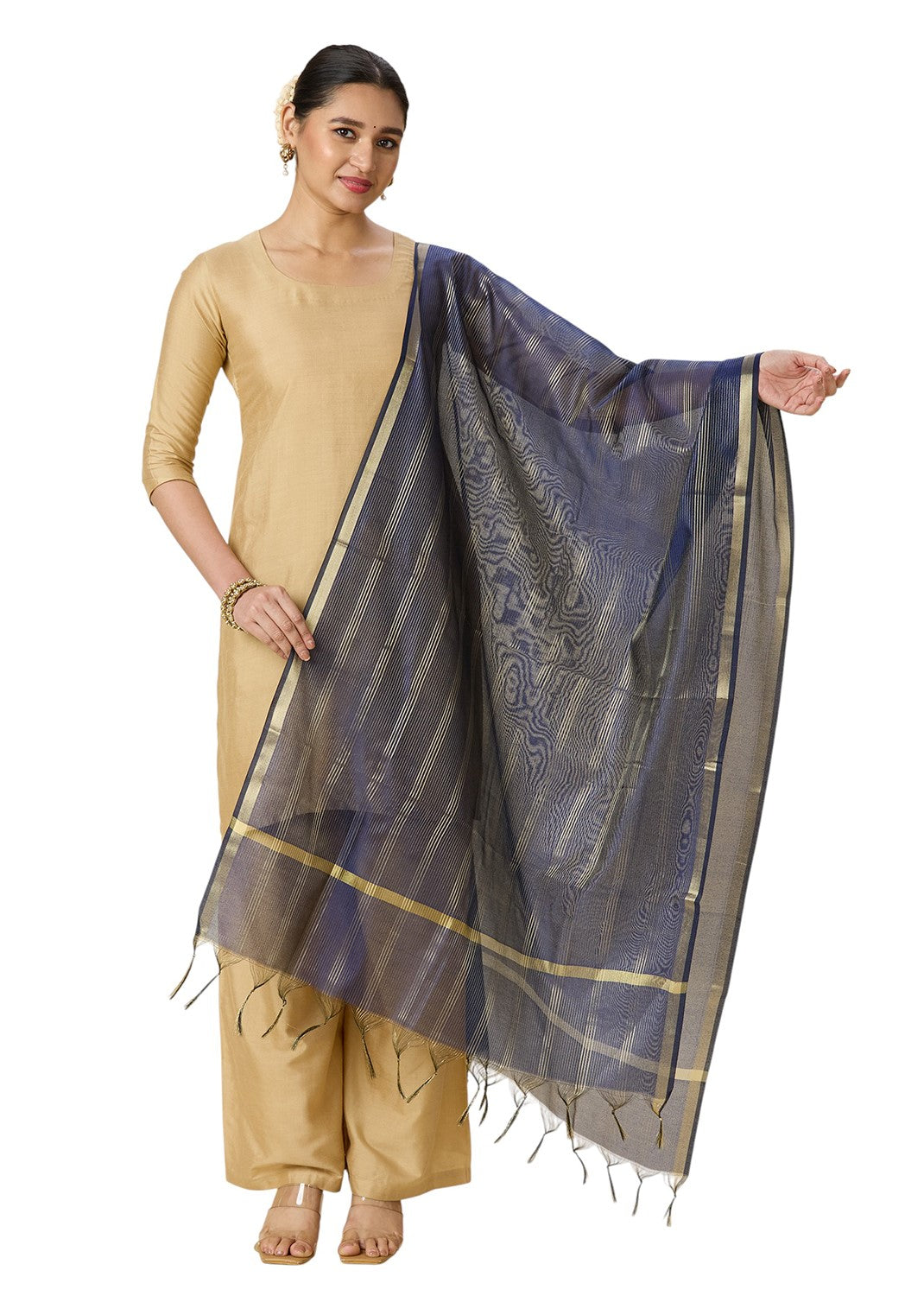 Women's Chanderi Silk Blend Handloom Dupatta with Golden Stripes (35" X 2.45 Meters) (2963 - Navy Blue)