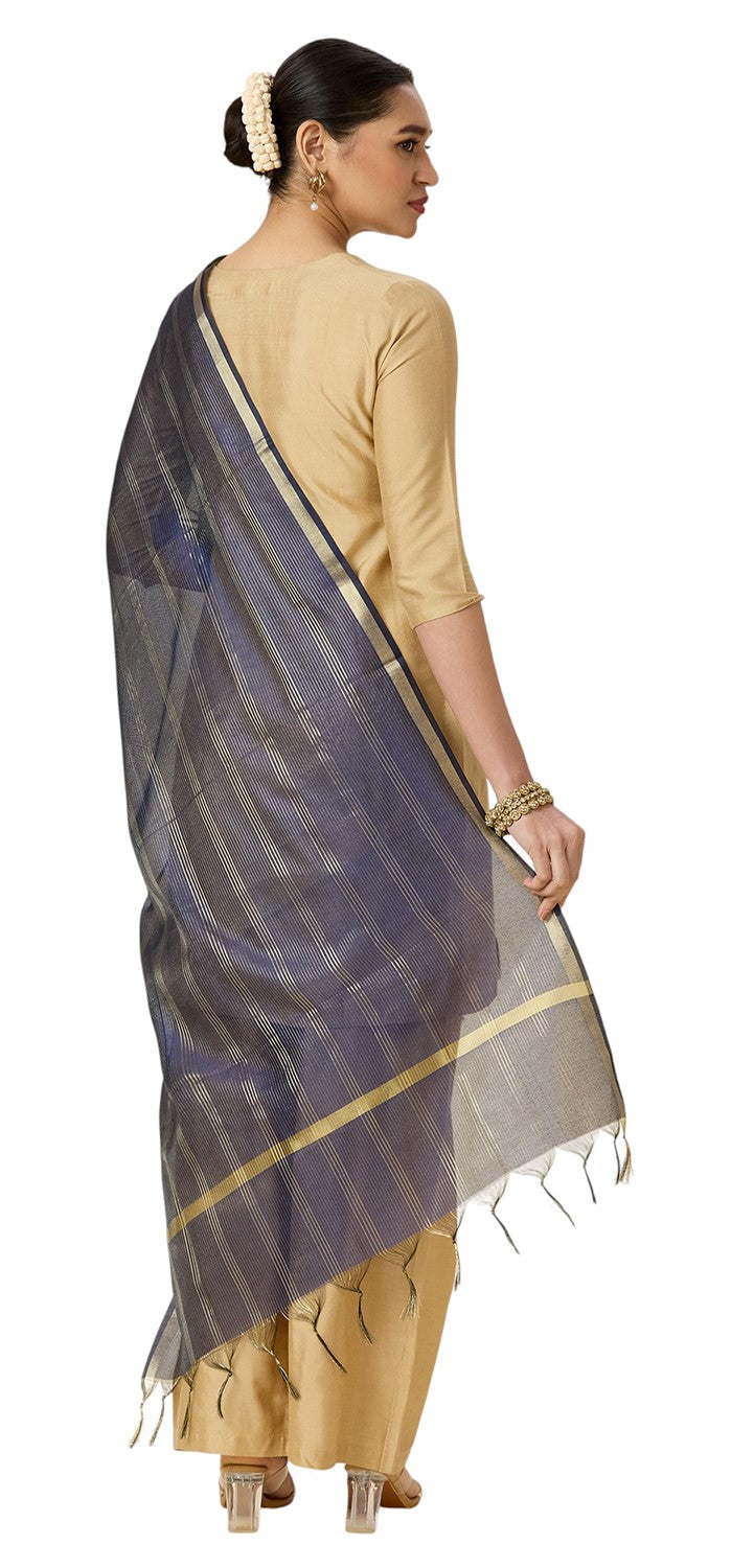 Women's Chanderi Silk Blend Handloom Dupatta with Golden Stripes (35" X 2.45 Meters) (2963 - Navy Blue)