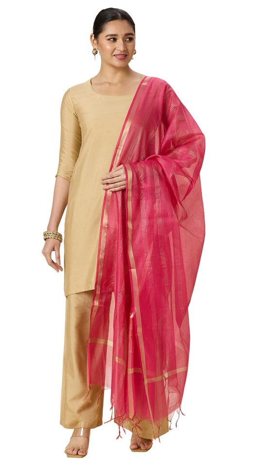 Women's Chanderi Silk Blend Handloom Dupatta with Golden Stripes (35" X 2.45 Meters) (2963 - Pink)