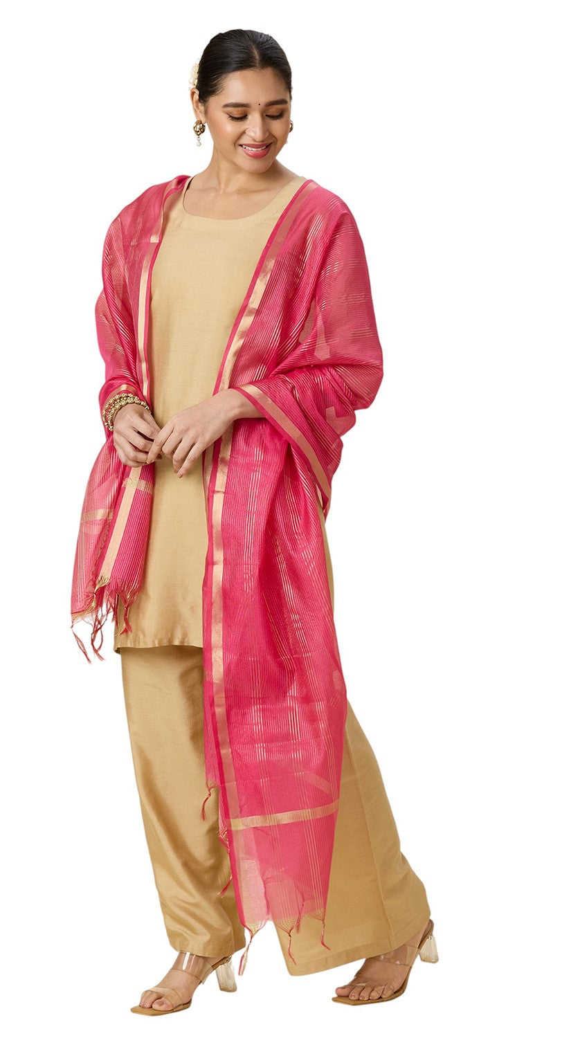 Women's Chanderi Silk Blend Handloom Dupatta with Golden Stripes (35" X 2.45 Meters) (2963 - Pink)