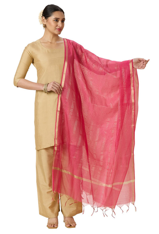 Women's Chanderi Silk Blend Handloom Dupatta with Golden Stripes (35" X 2.45 Meters) (2963 - Pink)