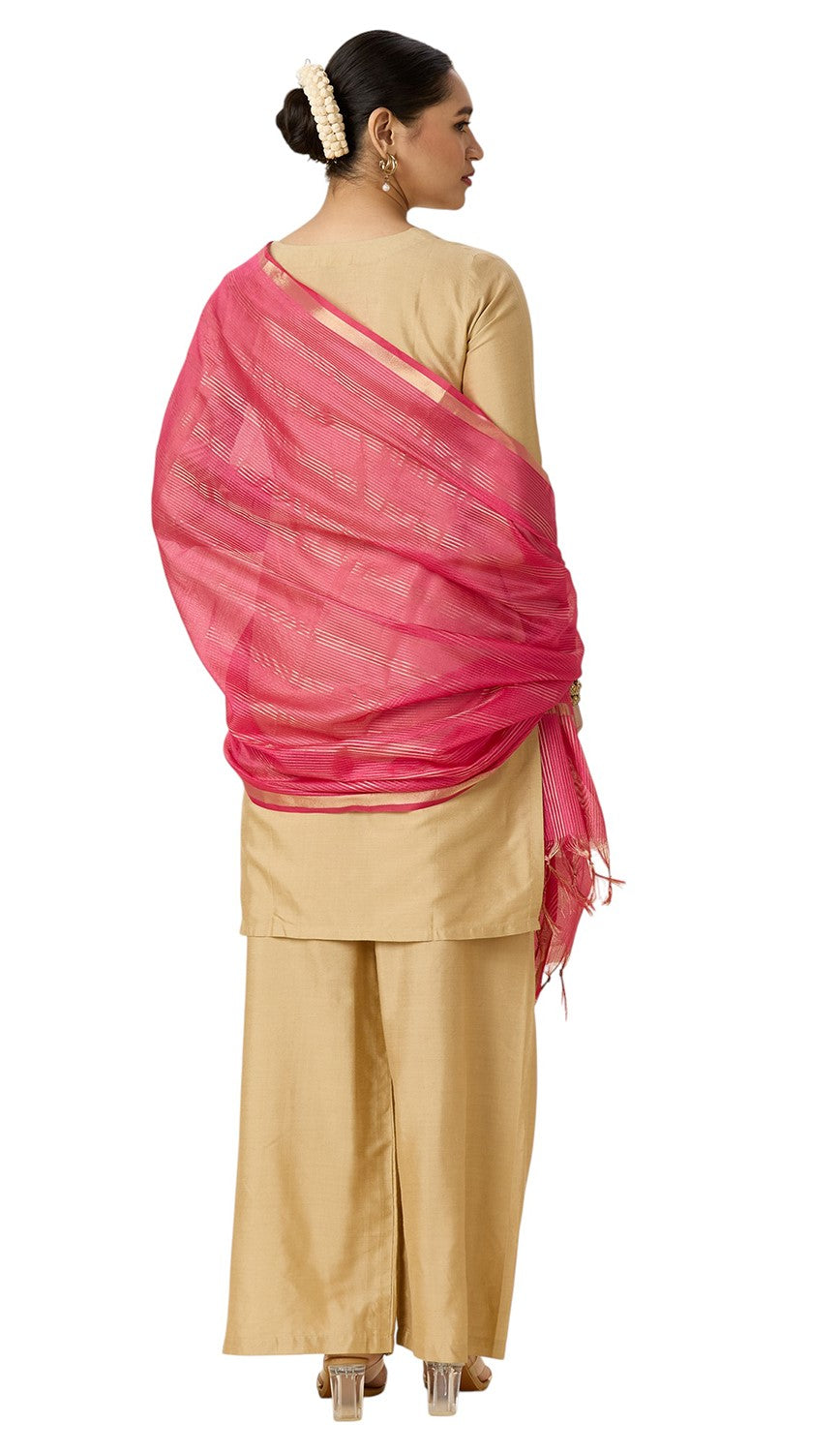 Women's Chanderi Silk Blend Handloom Dupatta with Golden Stripes (35" X 2.45 Meters) (2963 - Pink)