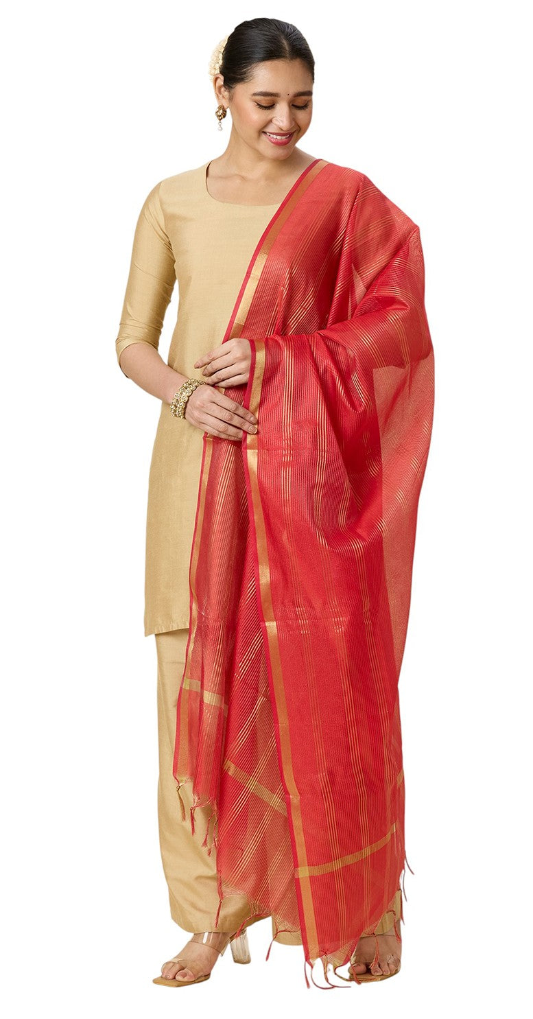 Women's Chanderi Silk Blend Handloom Dupatta with Golden Stripes (35" X 2.45 Meters) (2963 - Red)