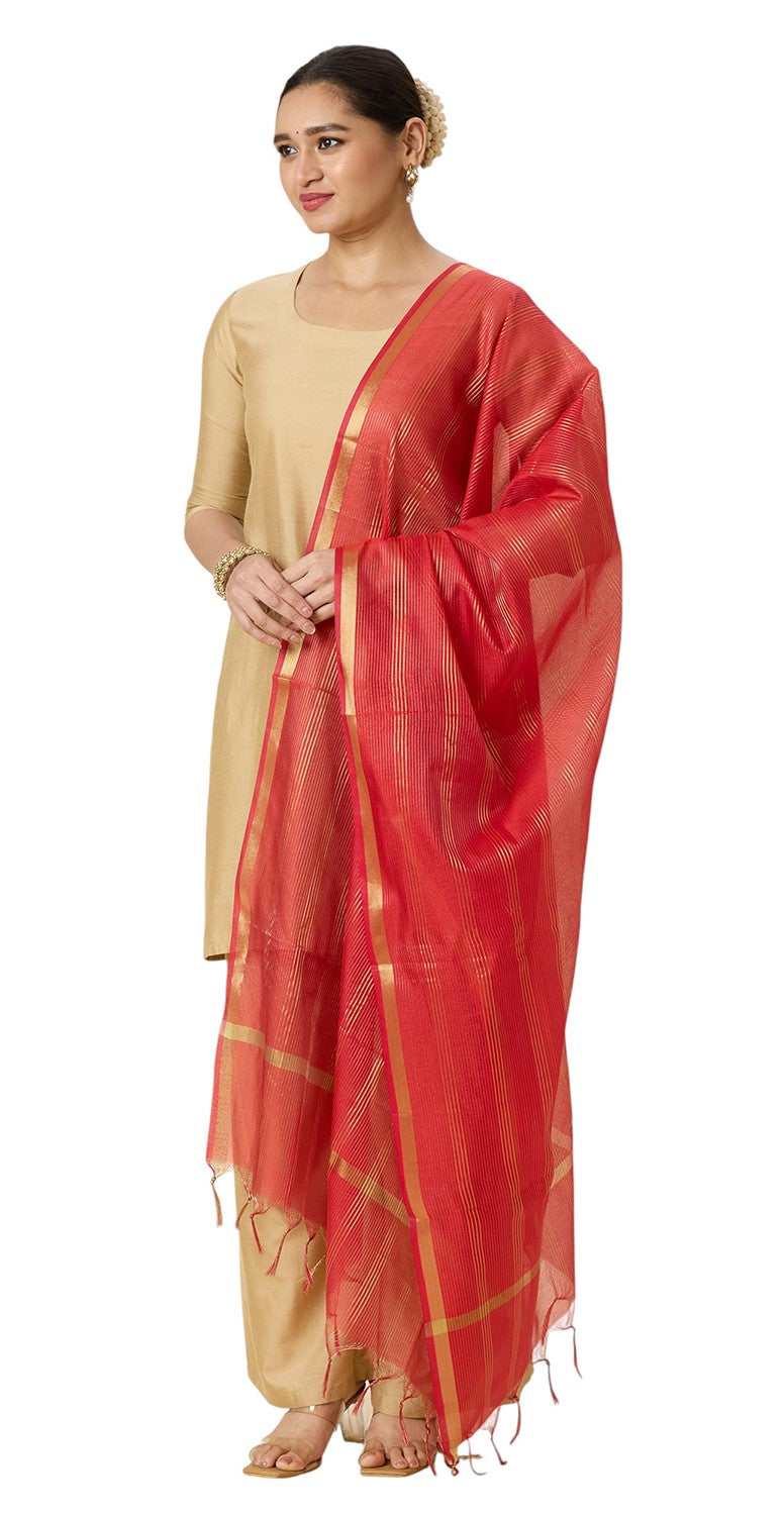 Women's Chanderi Silk Blend Handloom Dupatta with Golden Stripes (35" X 2.45 Meters) (2963 - Red)