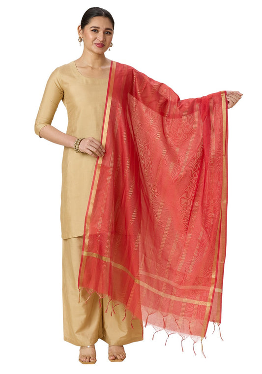 Women's Chanderi Silk Blend Handloom Dupatta with Golden Stripes (35" X 2.45 Meters) (2963 - Red)