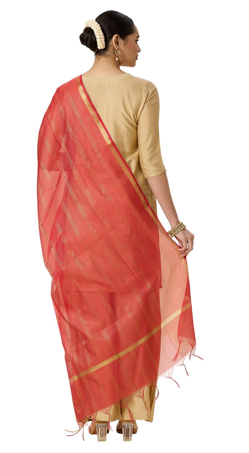 Women's Chanderi Silk Blend Handloom Dupatta with Golden Stripes (35" X 2.45 Meters) (2963 - Red)