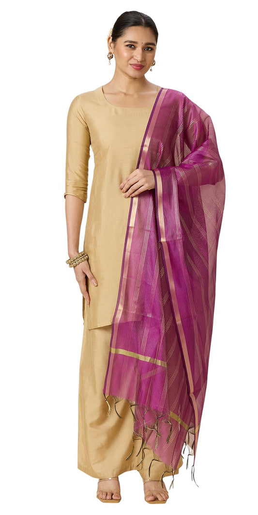 Women's Chanderi Silk Blend Handloom Dupatta with Golden Stripes (35" X 2.45 Meters) (2963 - Wine)