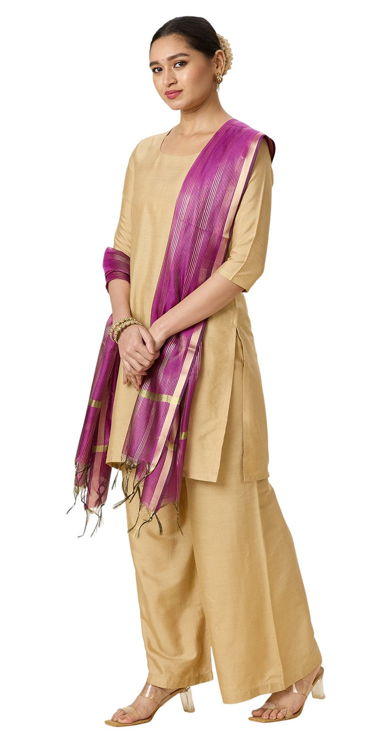 Women's Chanderi Silk Blend Handloom Dupatta with Golden Stripes (35" X 2.45 Meters) (2963 - Wine)