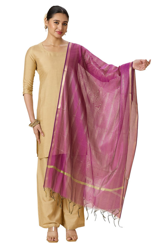 Women's Chanderi Silk Blend Handloom Dupatta with Golden Stripes (35" X 2.45 Meters) (2963 - Wine)