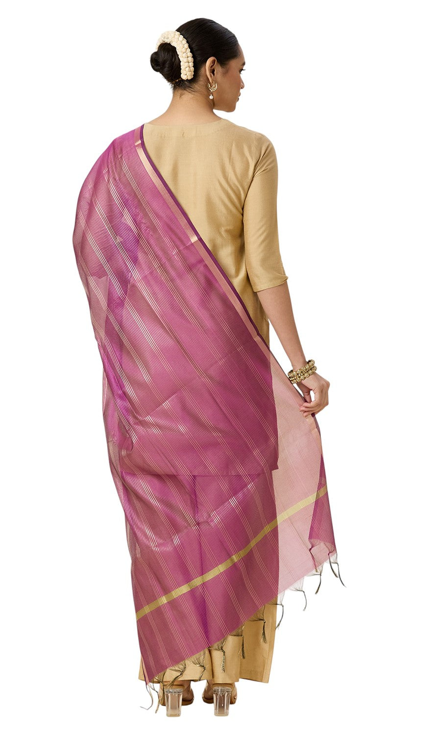 Women's Chanderi Silk Blend Handloom Dupatta with Golden Stripes (35" X 2.45 Meters) (2963 - Wine)