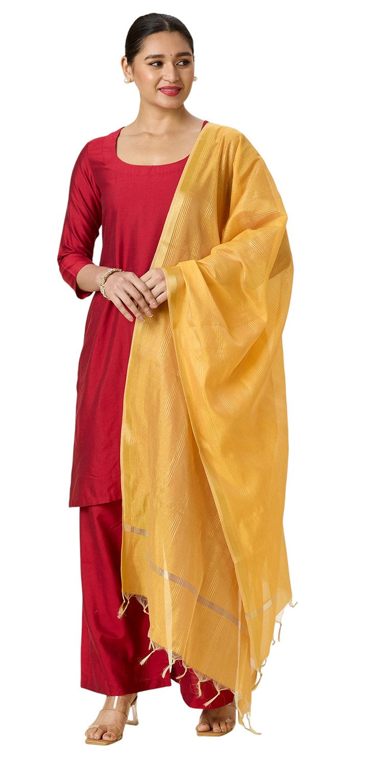 Women's Chanderi Silk Blend Handloom Dupatta with Golden Stripes (35" X 2.45 Meters) (2963 - Yellow)