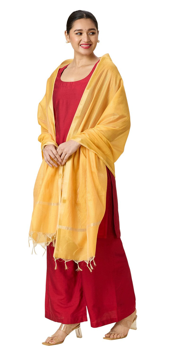 Women's Chanderi Silk Blend Handloom Dupatta with Golden Stripes (35" X 2.45 Meters) (2963 - Yellow)