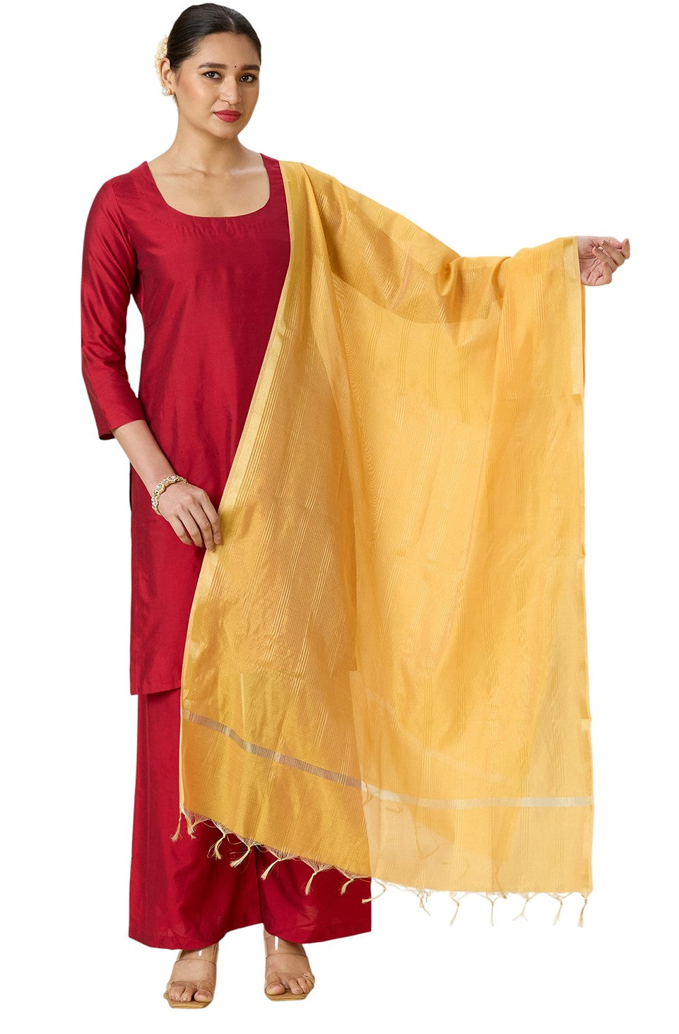 Women's Chanderi Silk Blend Handloom Dupatta with Golden Stripes (35" X 2.45 Meters) (2963 - Yellow)