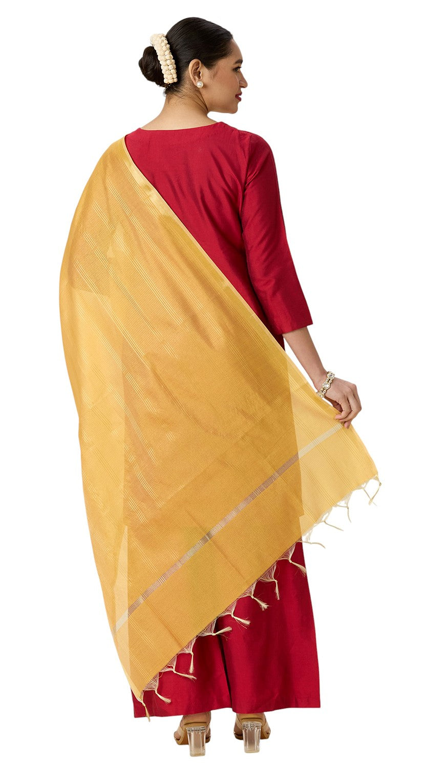 Women's Chanderi Silk Blend Handloom Dupatta with Golden Stripes (35" X 2.45 Meters) (2963 - Yellow)