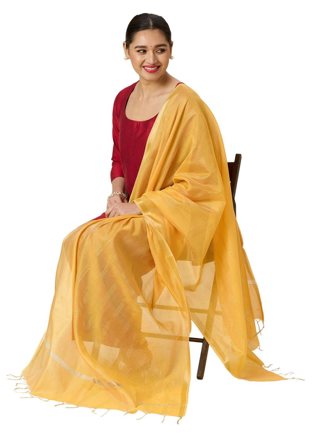 Women's Chanderi Silk Blend Handloom Dupatta with Golden Stripes (35" X 2.45 Meters) (2963 - Yellow)