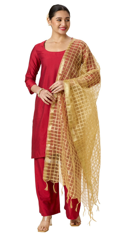 Women's Chanderi Silk Blend Handloom Checks Dupatta (32" X 2.35 Meters) (2964 - Gold)