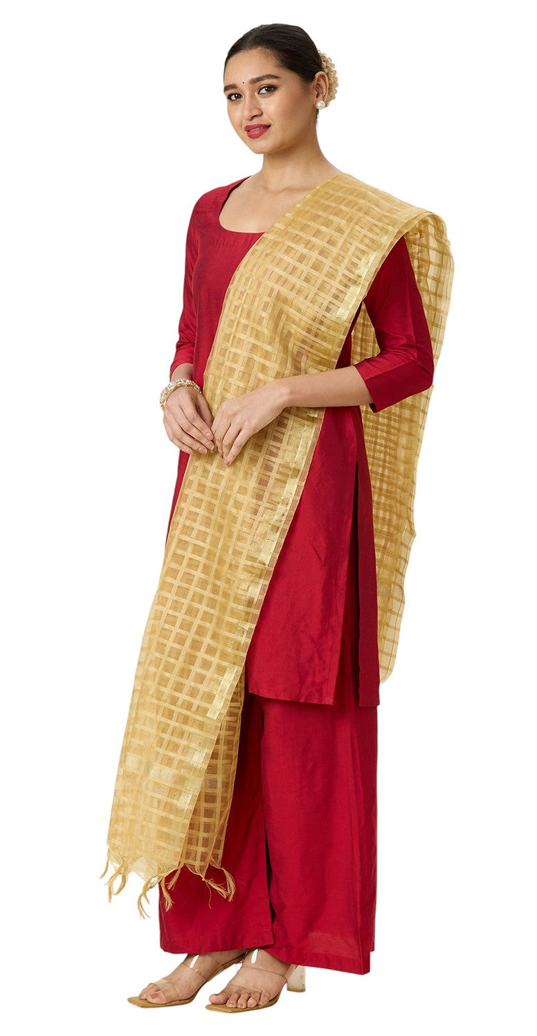 Women's Chanderi Silk Blend Handloom Checks Dupatta (32" X 2.35 Meters) (2964 - Gold)