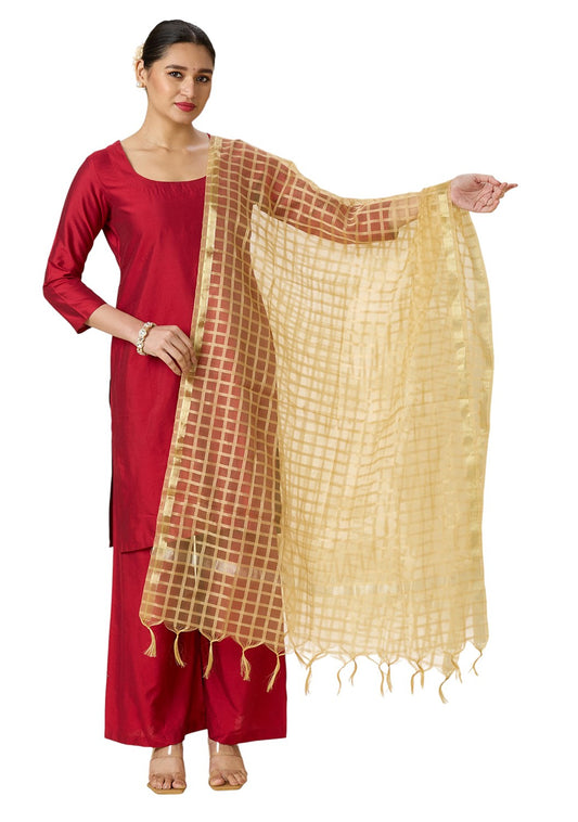 Women's Chanderi Silk Blend Handloom Checks Dupatta (32" X 2.35 Meters) (2964 - Gold)