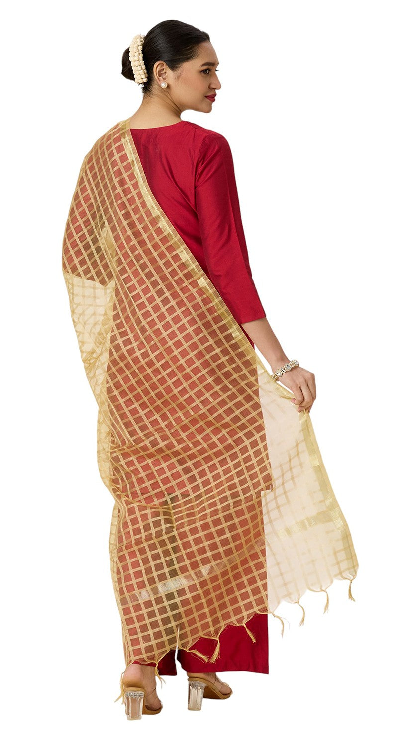 Women's Chanderi Silk Blend Handloom Checks Dupatta (32" X 2.35 Meters) (2964 - Gold)