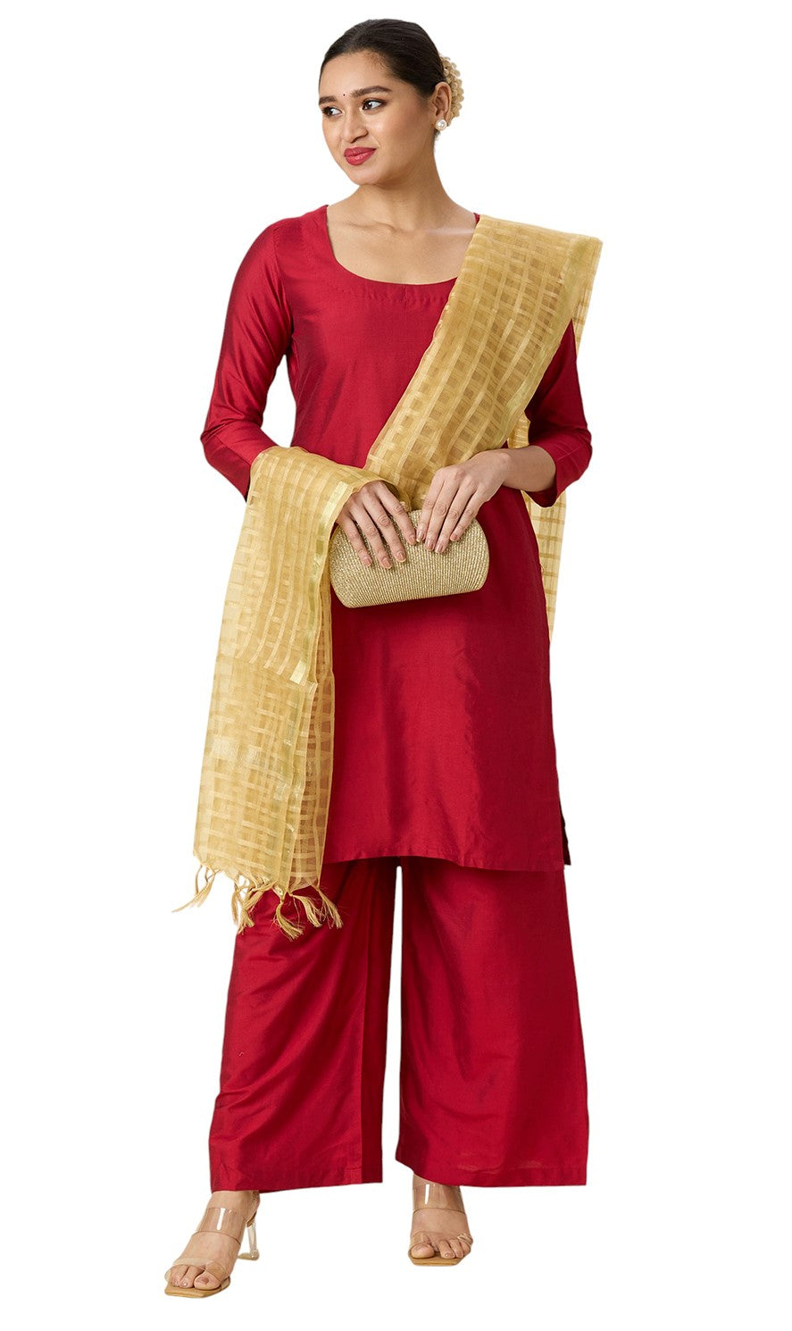 Women's Chanderi Silk Blend Handloom Checks Dupatta (32" X 2.35 Meters) (2964 - Gold)