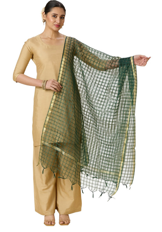 Women's Chanderi Silk Blend Handloom Checks Dupatta (32" X 2.35 Meters) (2964 - Green)
