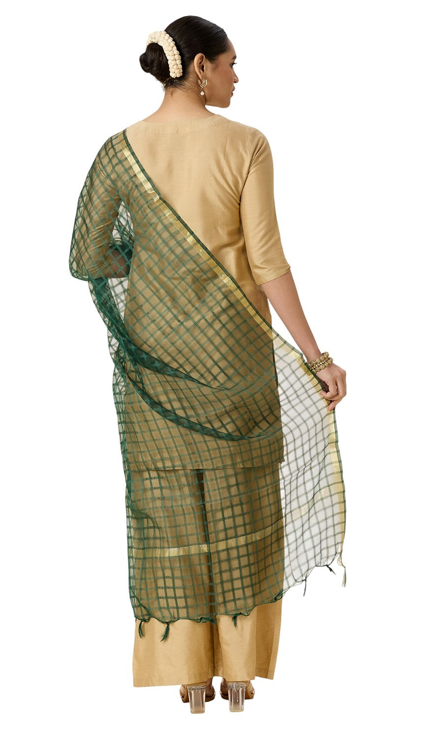 Women's Chanderi Silk Blend Handloom Checks Dupatta (32" X 2.35 Meters) (2964 - Green)