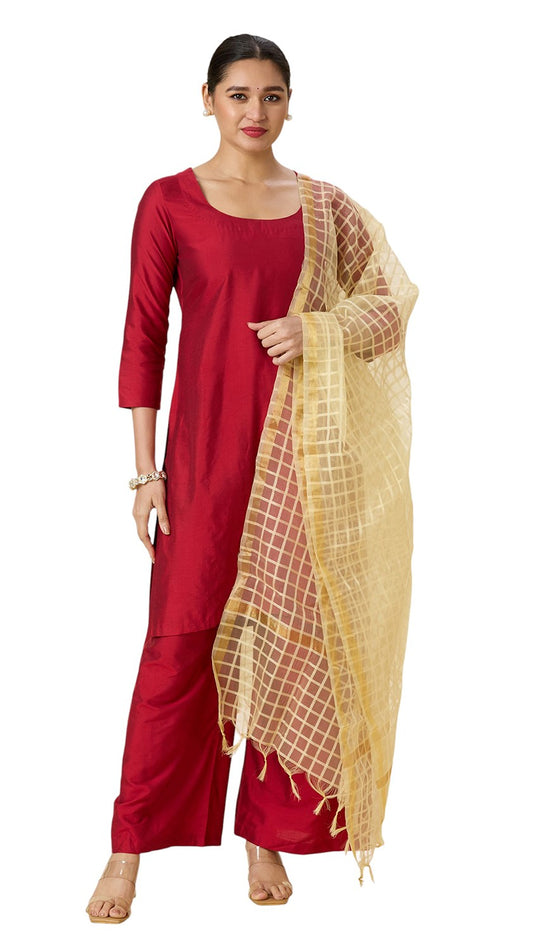 Women's Chanderi Silk Blend Handloom Checks Dupatta (32" X 2.35 Meters) (2964 - Light Gold)