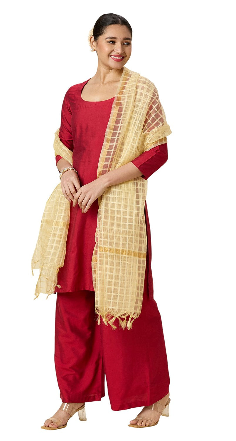 Women's Chanderi Silk Blend Handloom Checks Dupatta (32" X 2.35 Meters) (2964 - Light Gold)