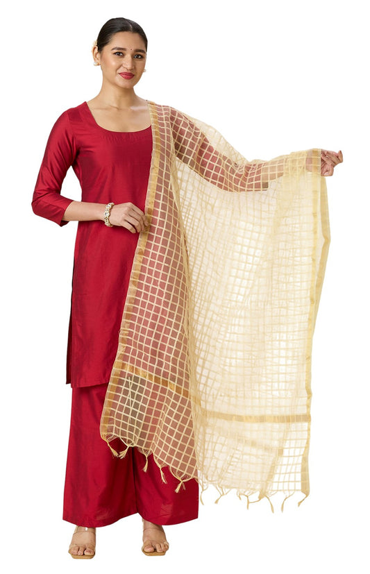 Women's Chanderi Silk Blend Handloom Checks Dupatta (32" X 2.35 Meters) (2964 - Light Gold)