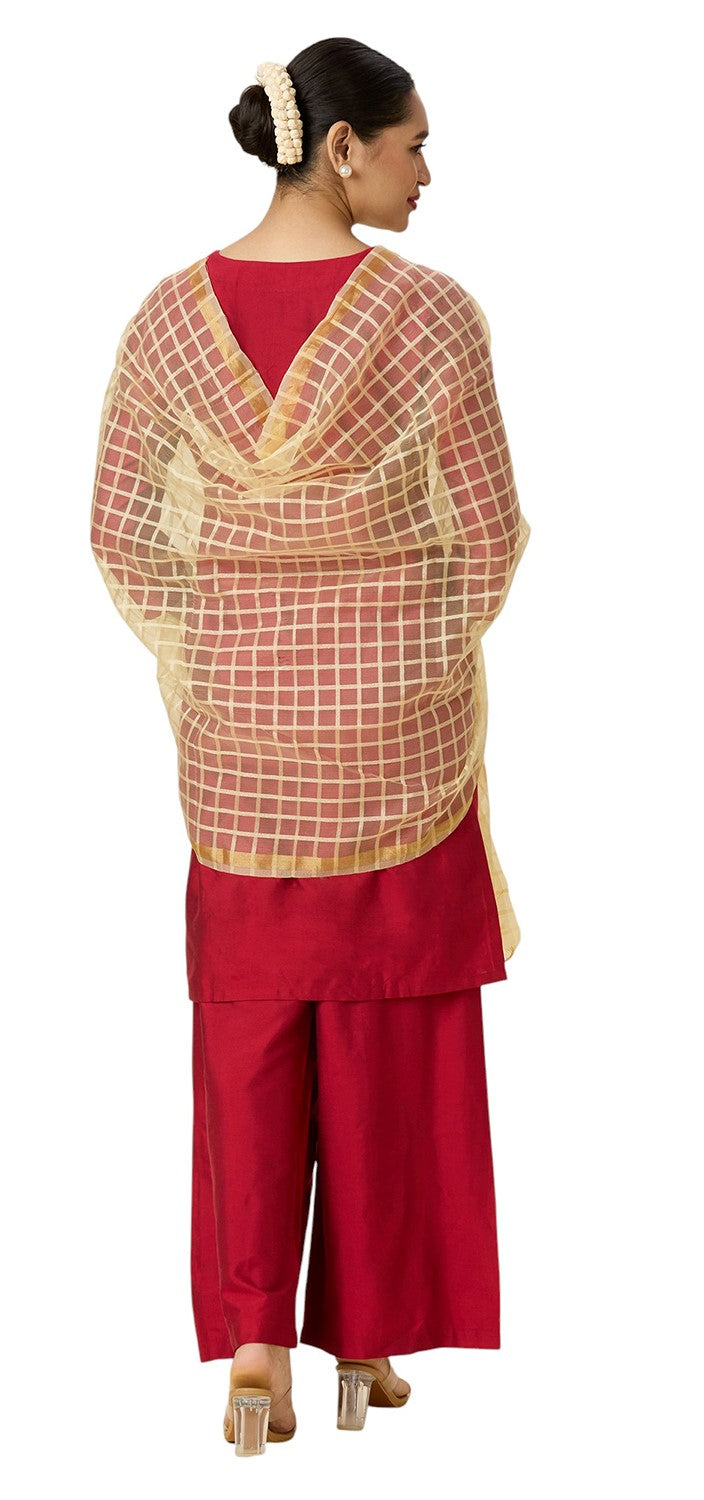 Women's Chanderi Silk Blend Handloom Checks Dupatta (32" X 2.35 Meters) (2964 - Light Gold)
