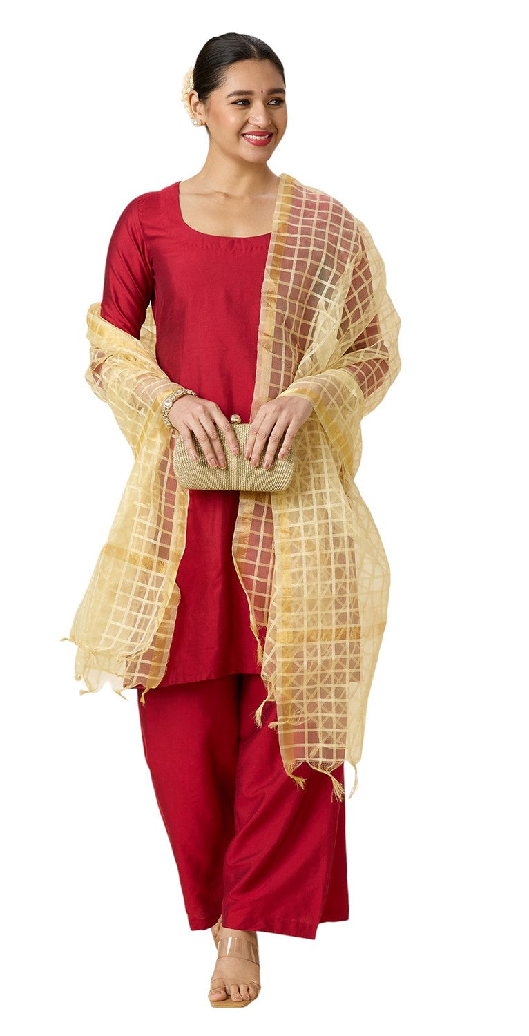 Women's Chanderi Silk Blend Handloom Checks Dupatta (32" X 2.35 Meters) (2964 - Light Gold)
