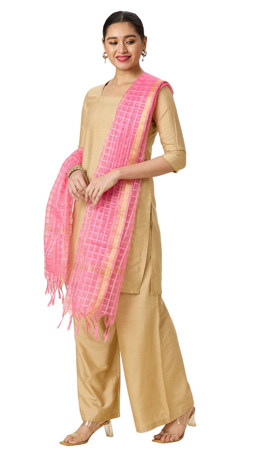 Women's Chanderi Silk Blend Handloom Checks Dupatta (32" X 2.35 Meters) (2964 - Light Pink)