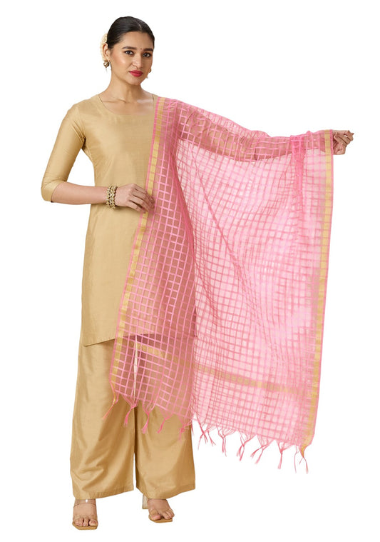 Women's Chanderi Silk Blend Handloom Checks Dupatta (32" X 2.35 Meters) (2964 - Light Pink)
