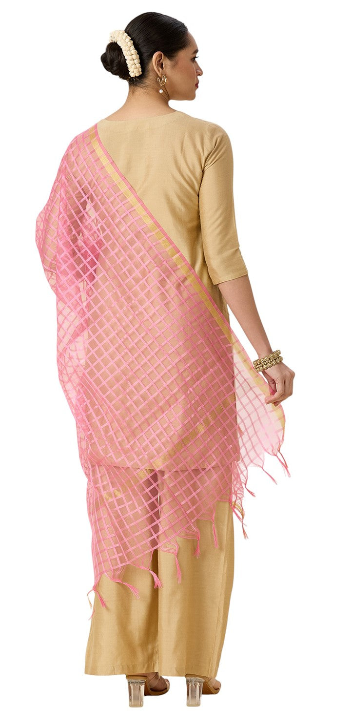 Women's Chanderi Silk Blend Handloom Checks Dupatta (32" X 2.35 Meters) (2964 - Light Pink)