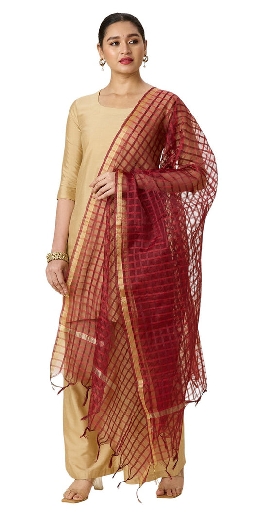 Women's Chanderi Silk Blend Handloom Checks Dupatta (32" X 2.35 Meters) (2964 - Maroon)