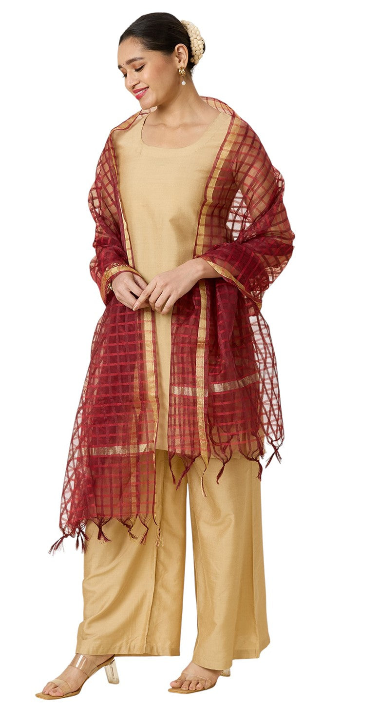 Women's Chanderi Silk Blend Handloom Checks Dupatta (32" X 2.35 Meters) (2964 - Maroon)
