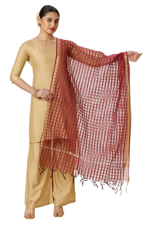 Women's Chanderi Silk Blend Handloom Checks Dupatta (32" X 2.35 Meters) (2964 - Maroon)