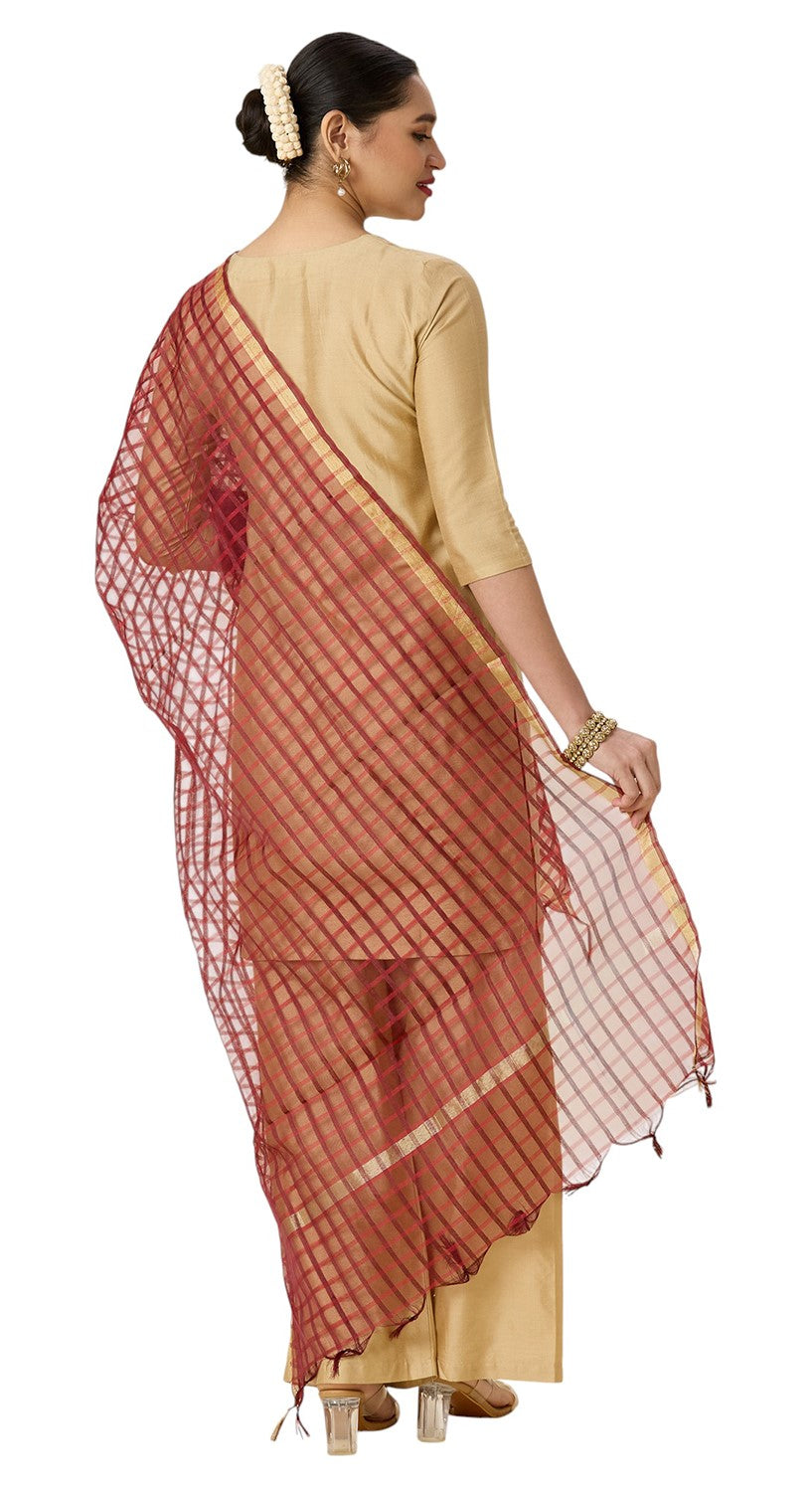 Women's Chanderi Silk Blend Handloom Checks Dupatta (32" X 2.35 Meters) (2964 - Maroon)