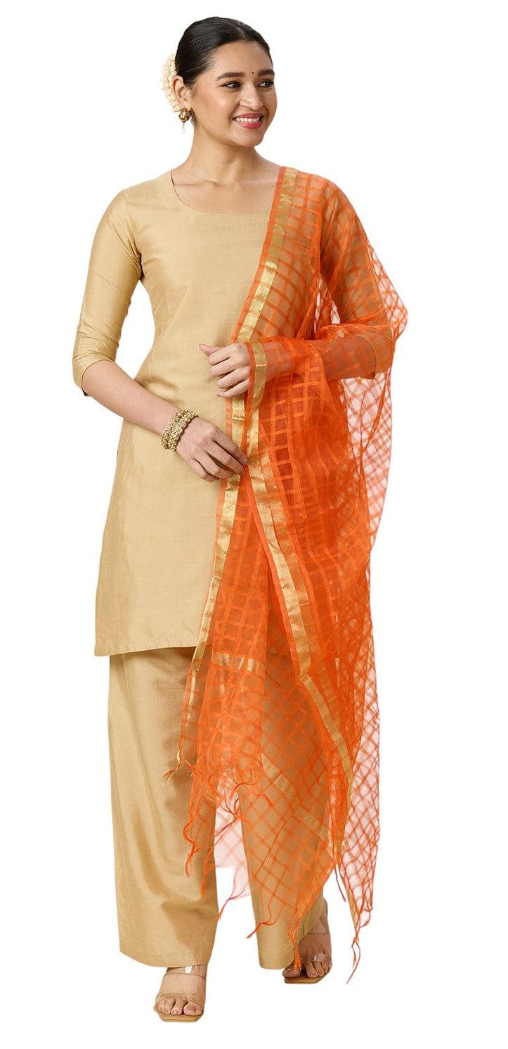 Women's Chanderi Silk Blend Handloom Checks Dupatta (32" X 2.35 Meters) (2964 - Orange)