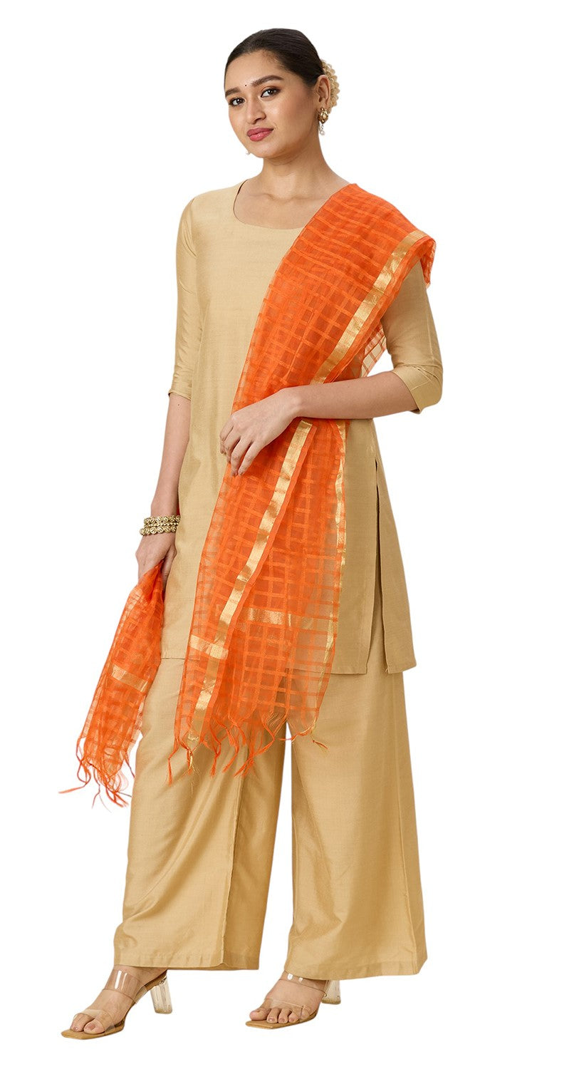 Women's Chanderi Silk Blend Handloom Checks Dupatta (32" X 2.35 Meters) (2964 - Orange)