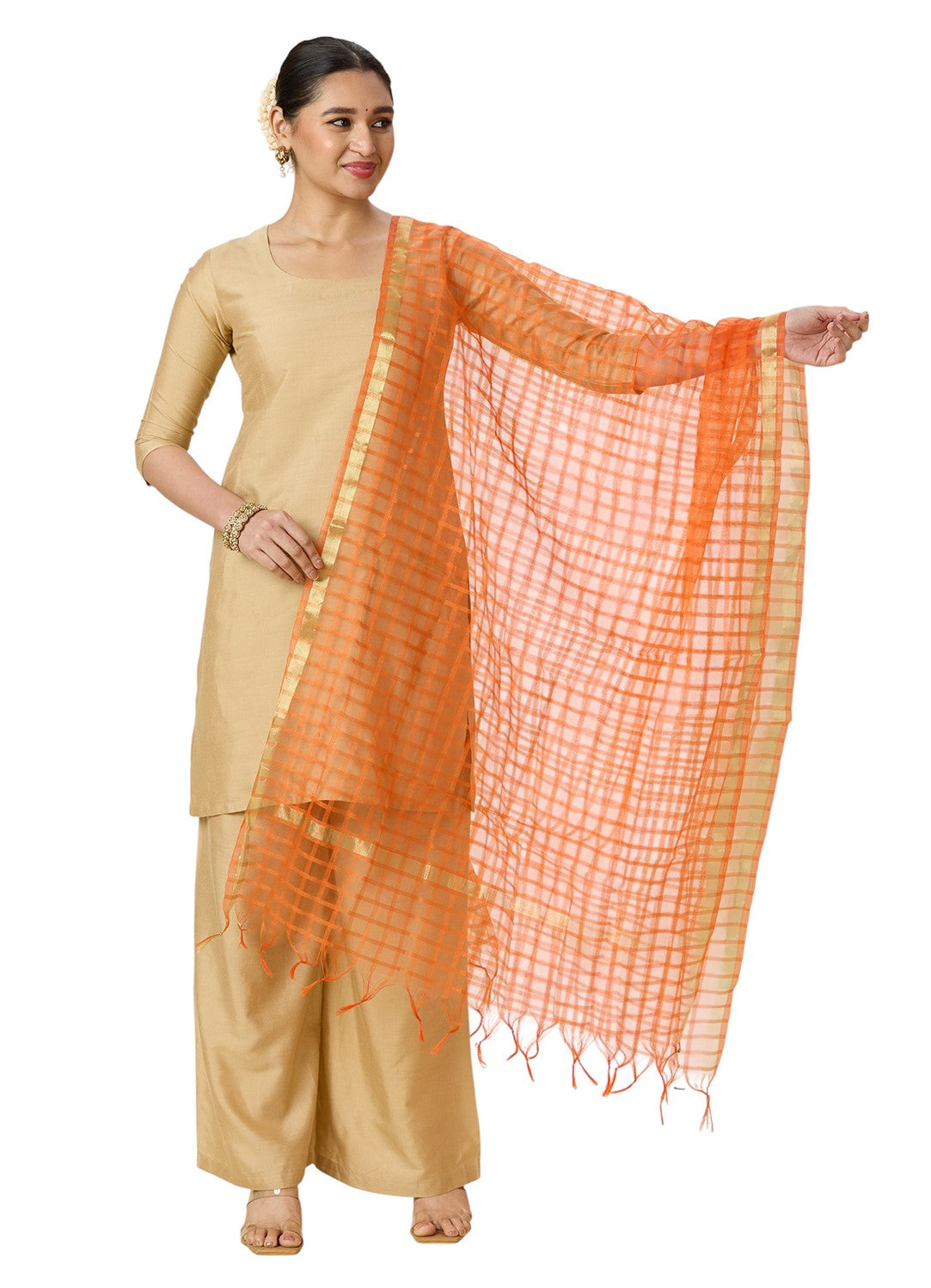 Women's Chanderi Silk Blend Handloom Checks Dupatta (32" X 2.35 Meters) (2964 - Orange)