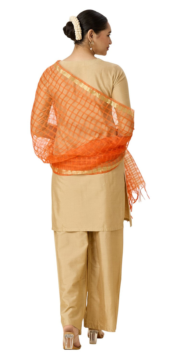 Women's Chanderi Silk Blend Handloom Checks Dupatta (32" X 2.35 Meters) (2964 - Orange)