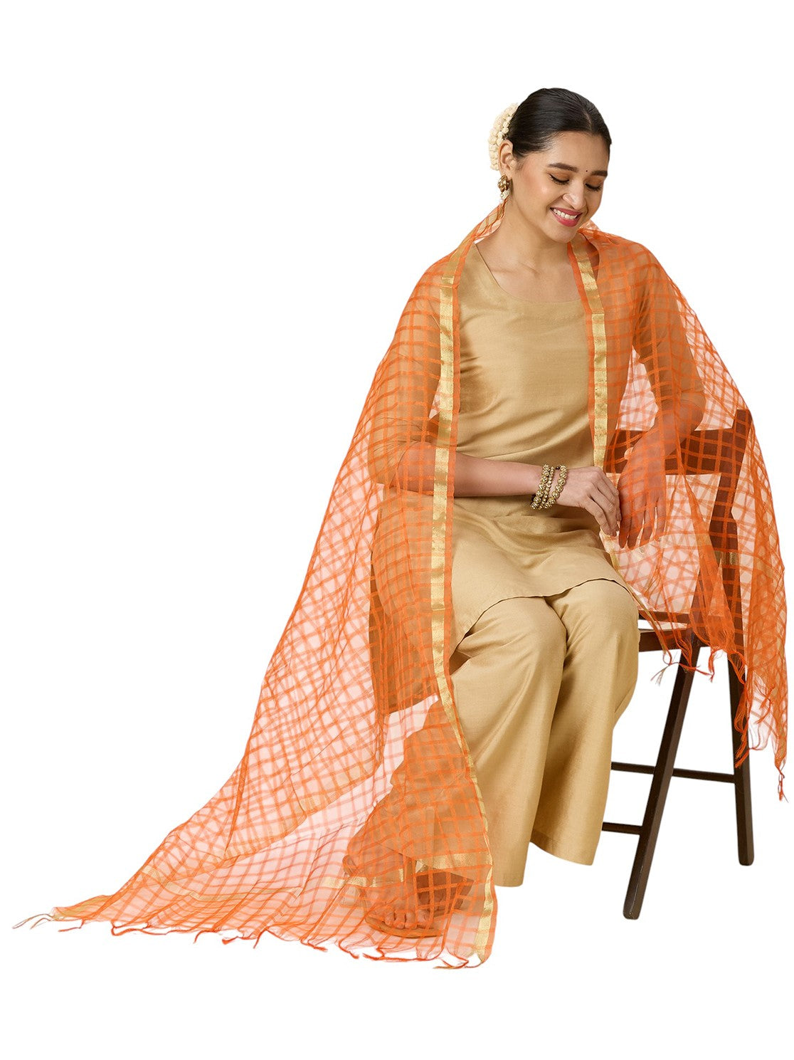 Women's Chanderi Silk Blend Handloom Checks Dupatta (32" X 2.35 Meters) (2964 - Orange)