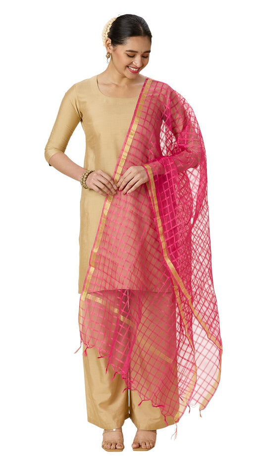 Women's Chanderi Silk Blend Handloom Checks Dupatta (32" X 2.35 Meters) (2964 - Pink)