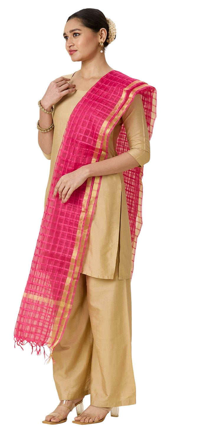 Women's Chanderi Silk Blend Handloom Checks Dupatta (32" X 2.35 Meters) (2964 - Pink)