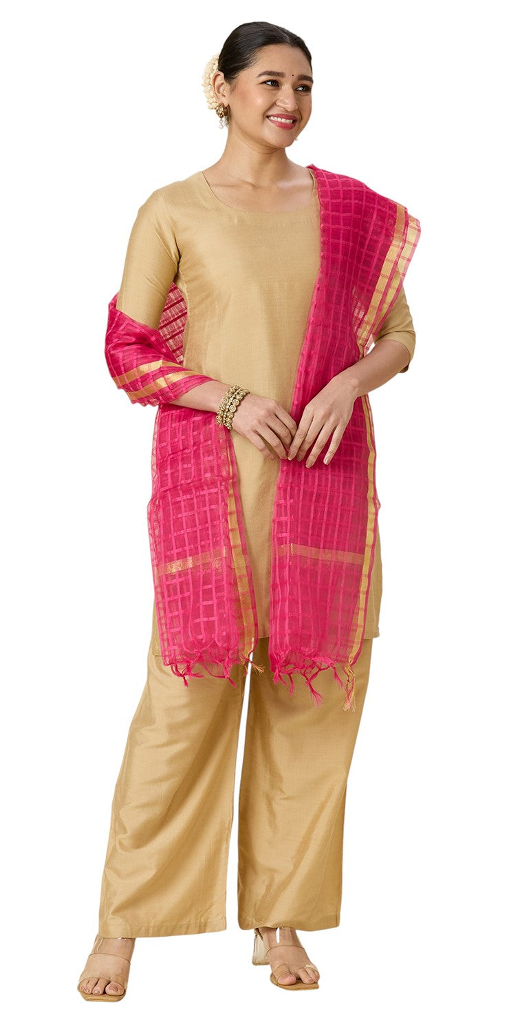 Women's Chanderi Silk Blend Handloom Checks Dupatta (32" X 2.35 Meters) (2964 - Pink)